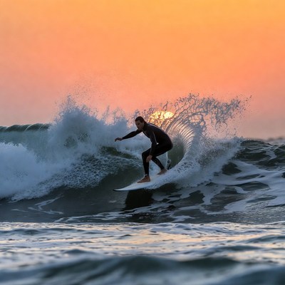 Man Surfing Wave at Sunset