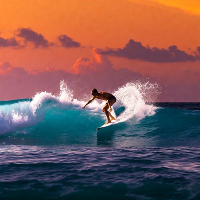 Man surfing on wave at sunset