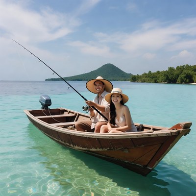 Asian couple fishing from boat