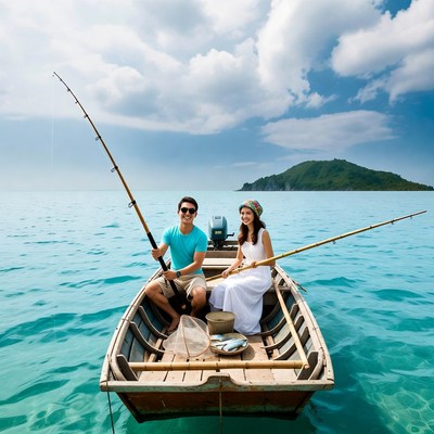 Asian couple fishing in boat