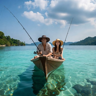 Asian couple fishing in wooden boat