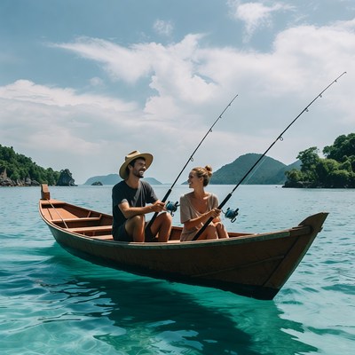 Couple fishing from boat in turquoise sea