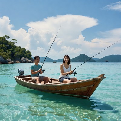 Asian couple fishing from boat