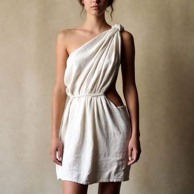 Woman in white draped toga dress