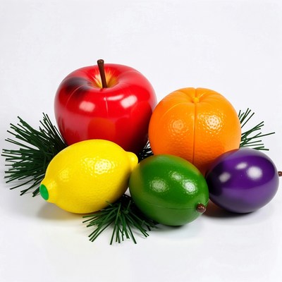 Colorful Plastic Fruits on Green Leaves
