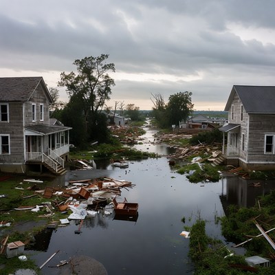 Flooded Street with Damaged Houses