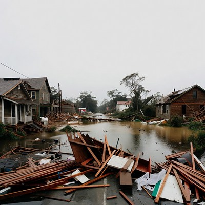Flooded Street with Destroyed Houses