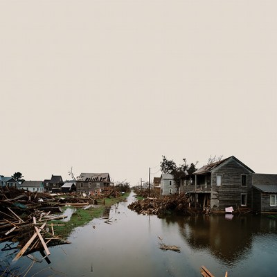 Flooded Street with Damaged Houses