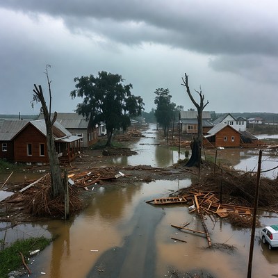 Flooded Village Street with Debris