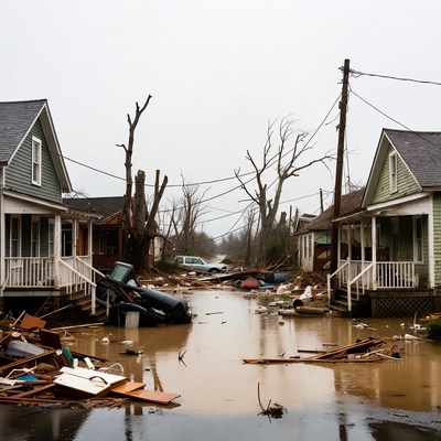 Hurricane Flooded Street with Damaged Houses