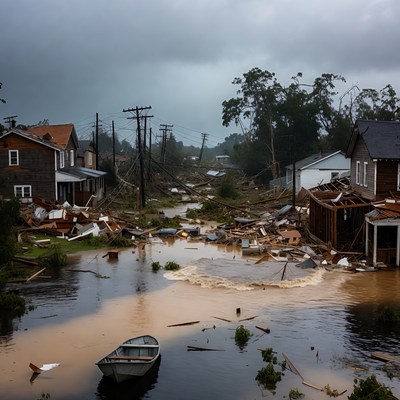 Flooded Street with Debris and Rowboat