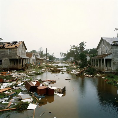 Flooded Street with Damaged Houses