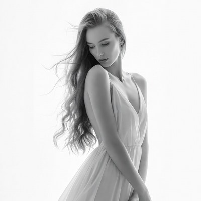 Woman with flowing hair in white dress