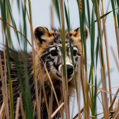 Raccoon Dog Peeking Through Reeds