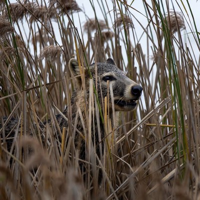 Raccoon peering through reeds