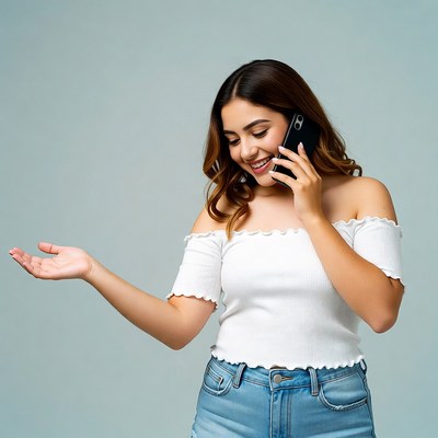 Smiling woman on phone gesturing
