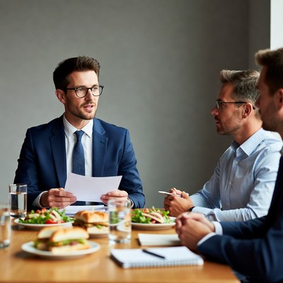 Three businessmen in business lunch meeting