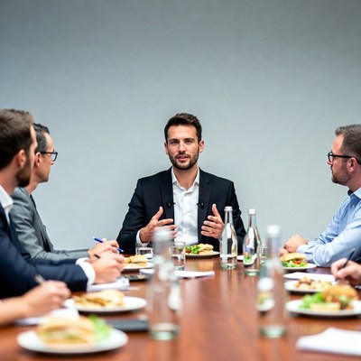 Businessmen in meeting eating lunch