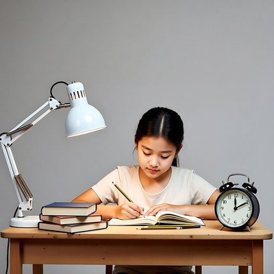 Asian girl studying at desk