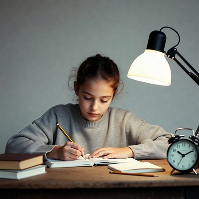 Girl studying at desk with lamp