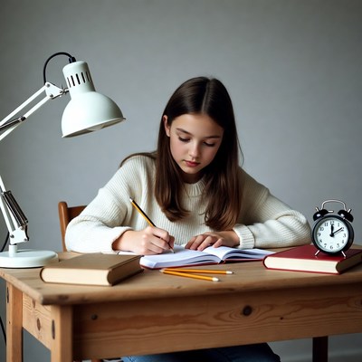 Girl studying at desk with lamp