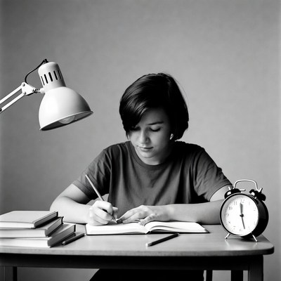 Girl studying at desk with lamp