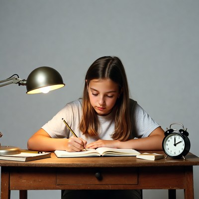 Girl writing at desk with lamp