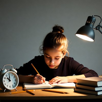 Girl studying at desk with lamp