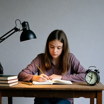 Girl writing in notebook at desk