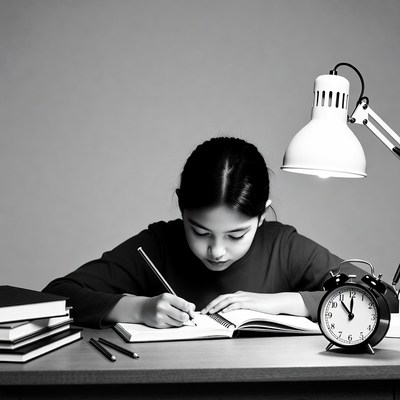 Asian girl studying at desk