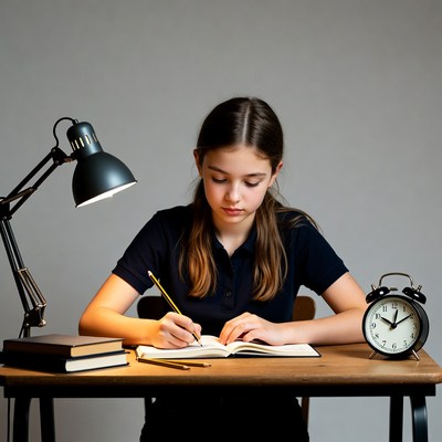 Girl writing in notebook at desk