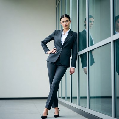 Woman in gray suit by glass wall