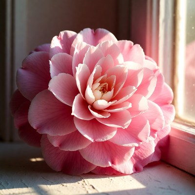 Pink Dahlia Flower by Window