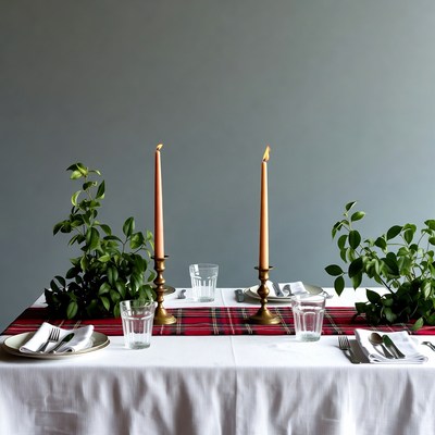 Elegant Table with Candles and Plaid Runner