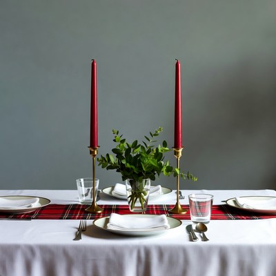 Red Candles and Eucalyptus on Table