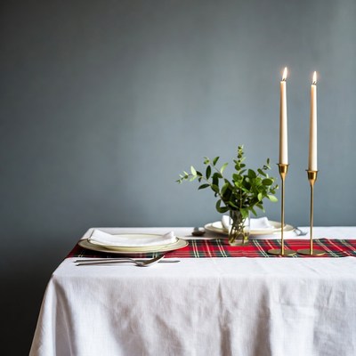 Holiday table with candles and plaid runner