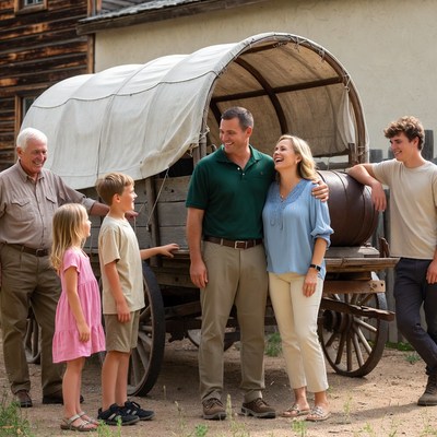 Family standing by covered wagon