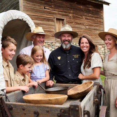 Family panning for gold at wagon