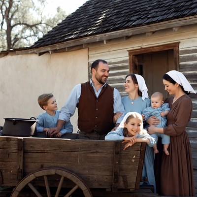 Amish family posing by wooden wagon