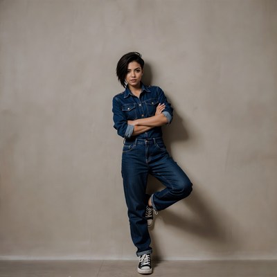 Asian woman in denim jumpsuit arms crossed