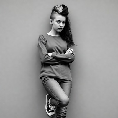 Girl with undercut mohawk against wall