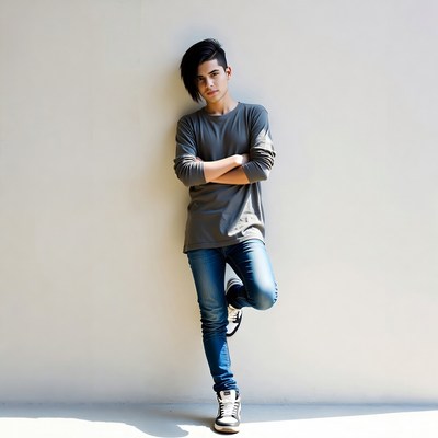 Asian young man leaning against wall