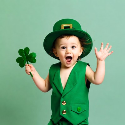 Baby in leprechaun costume holding shamrock