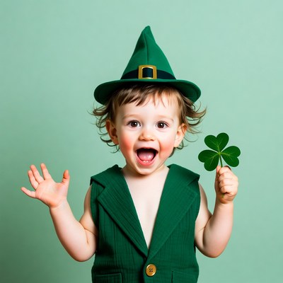 Baby boy in green leprechaun hat holding shamrock