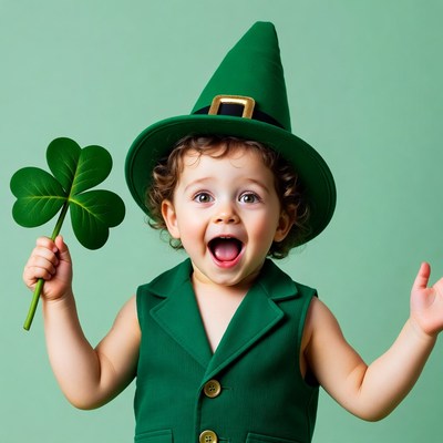 Toddler boy in leprechaun hat holding shamrock