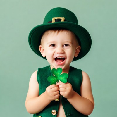 Toddler boy in leprechaun hat holding shamrock