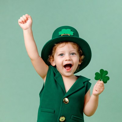 Toddler boy in leprechaun hat cheering