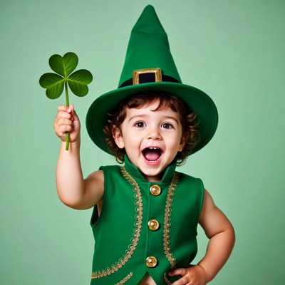 Toddler boy in leprechaun costume holding shamrock