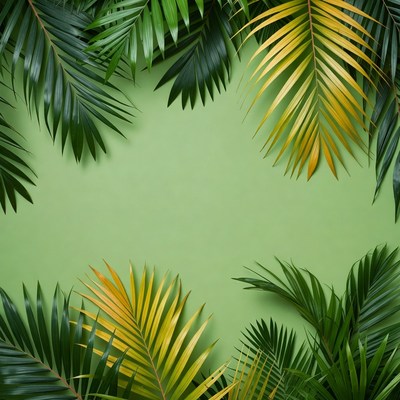 Tropical Palm Leaves on Green Background