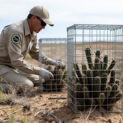 Ranger handling cacti in wire cages